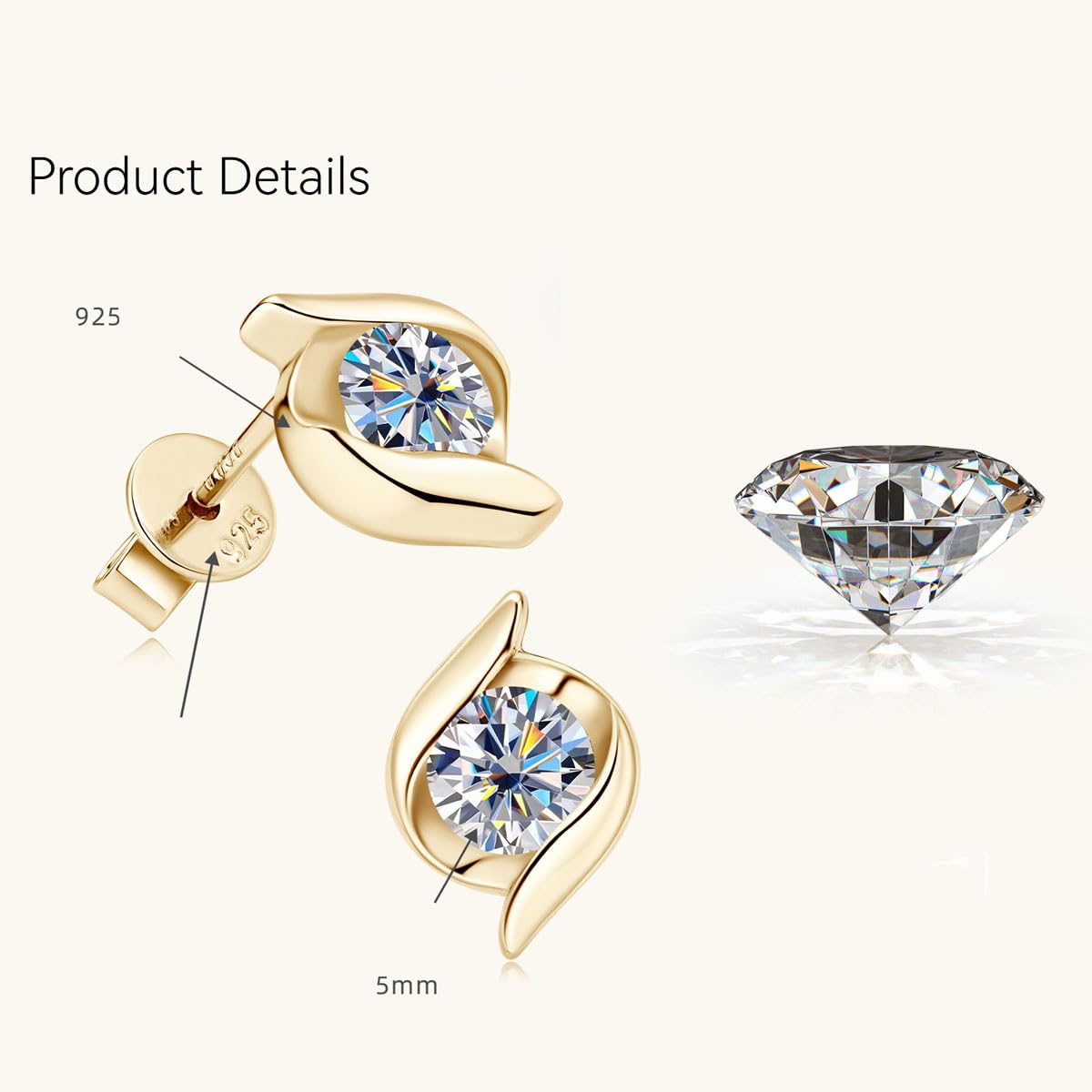 14K Solid Gold over S925 Silver 0.5 Carat Diamond Earrings, Round Cut Ear Studs, Ideal Ear Accessories, Unique Gift (Yellow Gold)