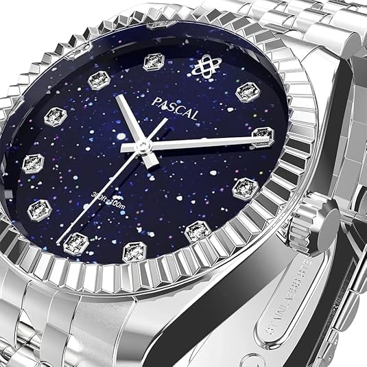 PASCAL Timeless Classic Diamond Watch for Women – Swiss Quartz Timepiece with Lab-Grown Diamonds & Sapphire Crystal (Navy,31MM)