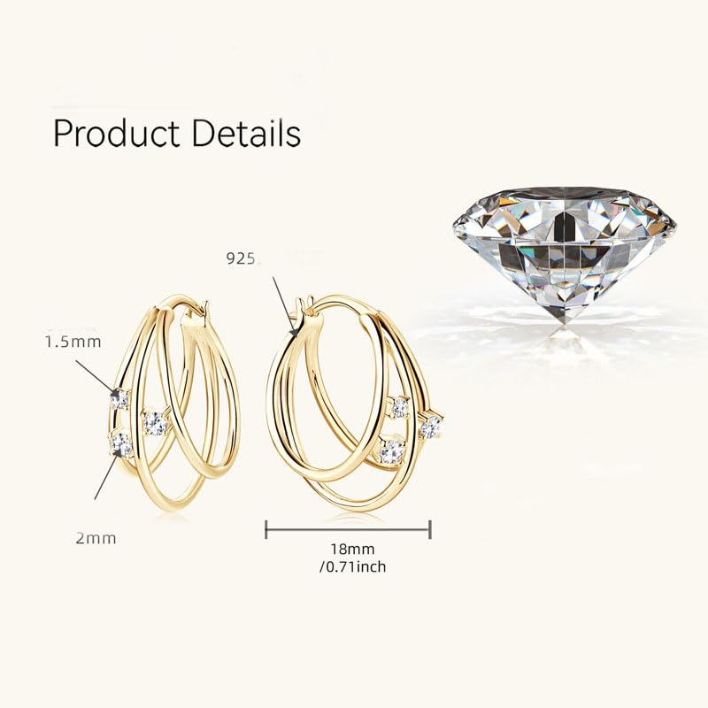 14K Solid Gold over S925 Silver 0.08 Carat Diamond Earrings, Versatile Triple-Layered Earrings Hoops with VVS1 Clarity,Stylish Gift (Yellow Gold)