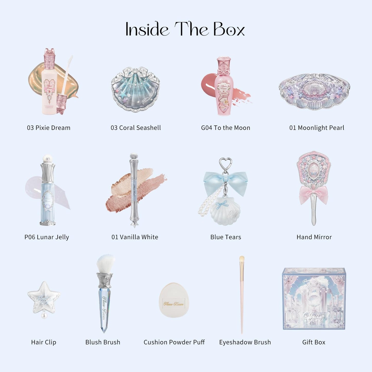 Flower Knows Shell’s Jewel 13-Piece Makeup Gift Box Set,Lip Gloss×2+Blush×1+ Eyeshadow Palette×1+Highlighter×3+Hand Mirror×1+Hair Clip×1+Mini Powder Puff×1+Blush Brush×1+Eyeshadow Brush×1+Gift Box×1
