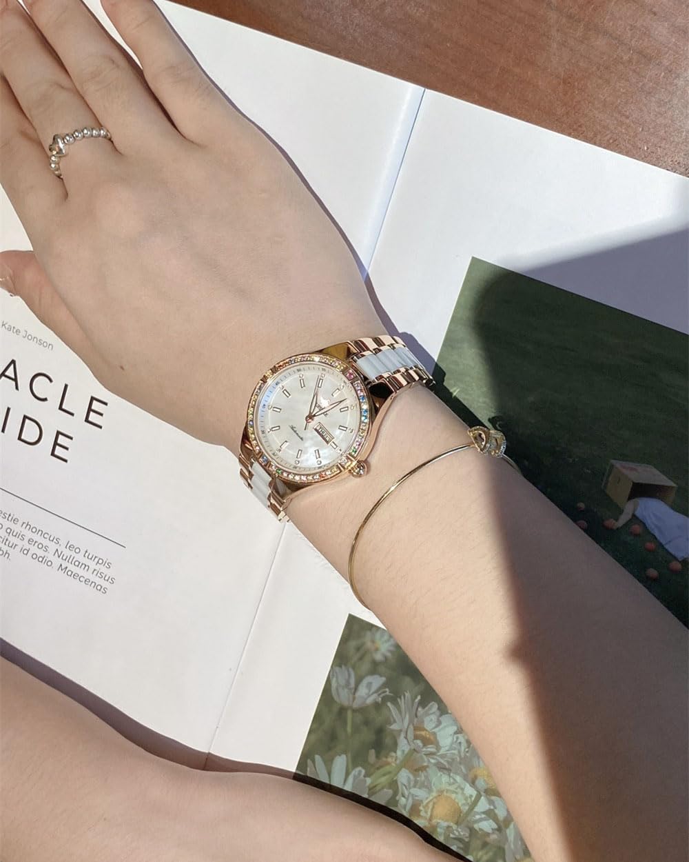 OUPINKE Women Automatic Watches Colorful Diamond Ladies Elegant Luxury Dress Mechanical Sapphire Crystal Rose Gold Ceramic Wristwatch