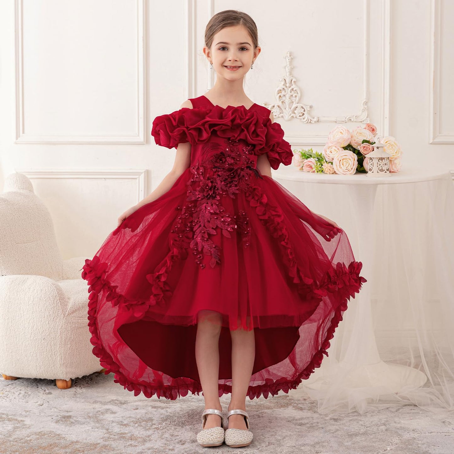 Zvzio Girl's Princess Dress, Birthday Party, Pageant Gown - Ruffle Tulle Satin Princess Dresses with Kids Train Red