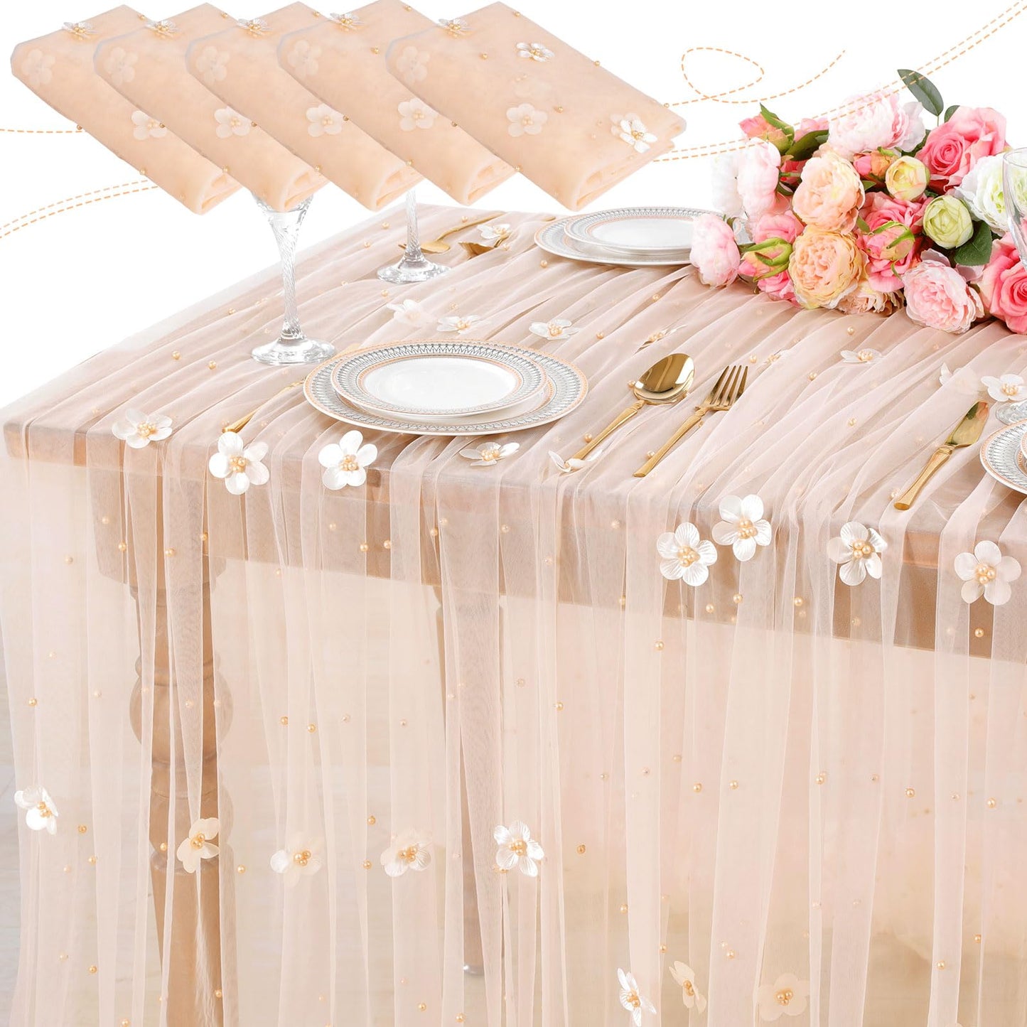 LuoluoHouse Wedding Pearl Tablecloth Tulle Fabric: 3 Pieces Champagne Flower Table Runner Lace Fabric for Outdoor Holiday Birthday Party Table Decor 60x120 Inch