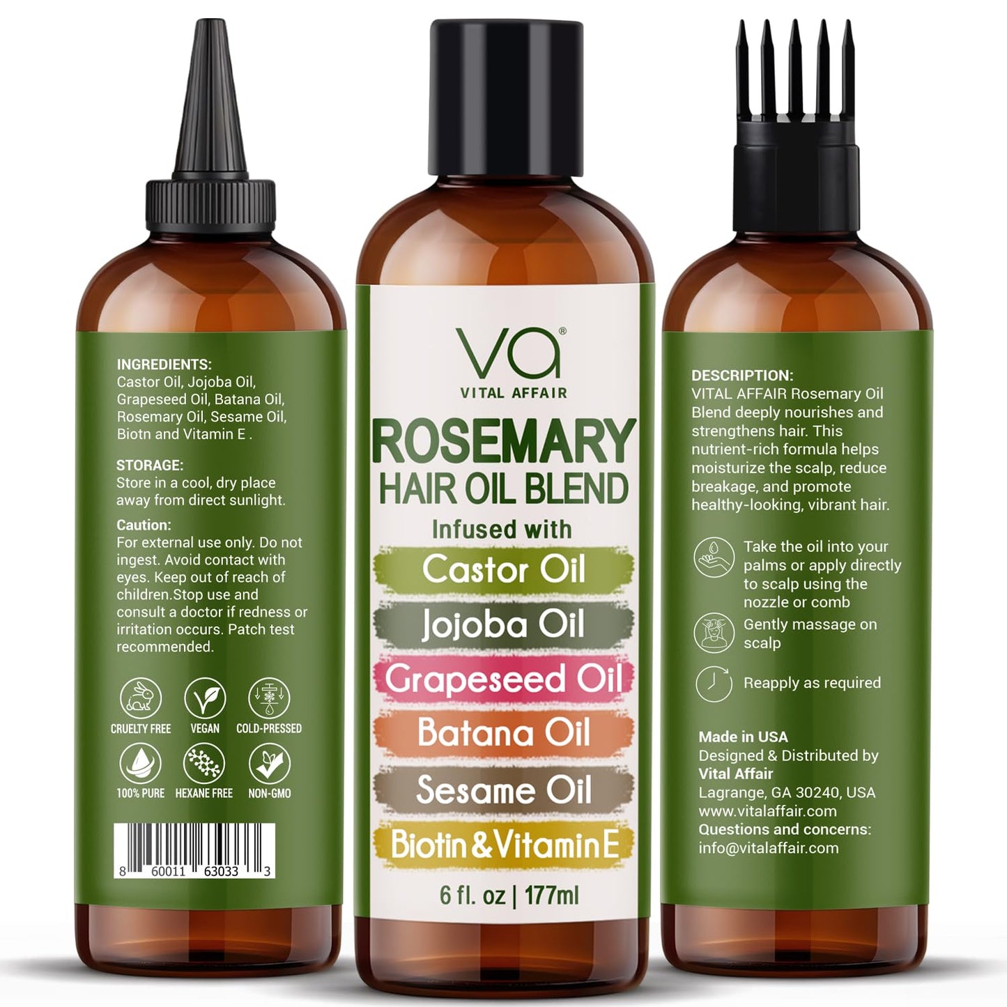 VITAL AFFAIR Blend Of Pure Rosemary Oil For Hair Growth With Castor, Batana, Jojoba Oil-Infused With Biotin & Vitamin E-Blend of Effective Hair Oils for Hair Growth-Strengthening Treatment 6 Fl Oz
