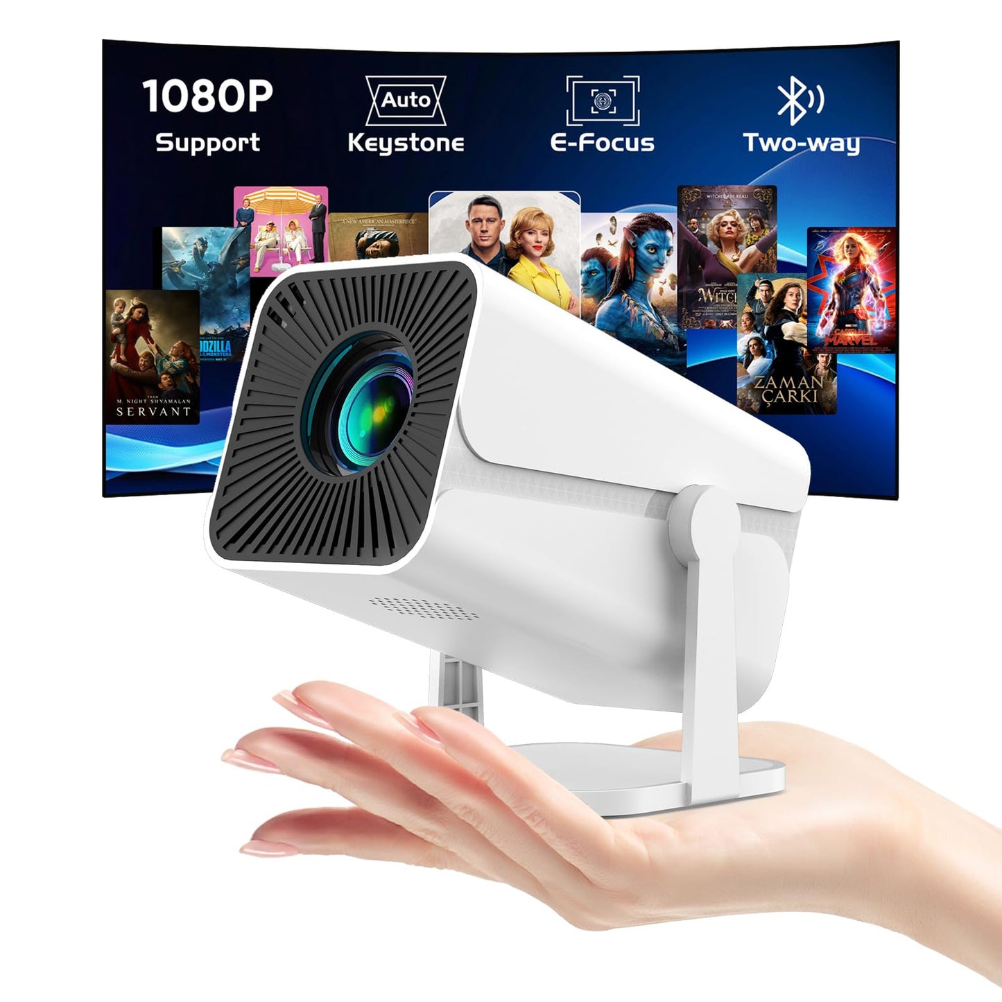 Mini Projector with Bluetooth, Electric Focus Portable Movie Projector with 270° Rotatable, 1080P HD Support, Auto Keystone, Compatible with Smartphone, TV Stick, Laptop, HDMI for Bedroom, Outdoor Use