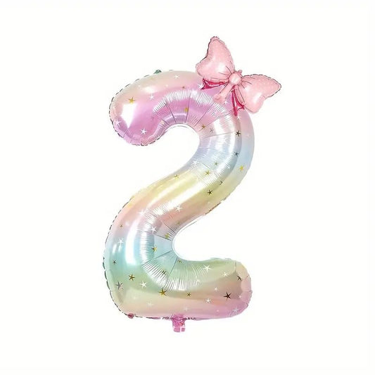 Number 2 40 Inch Rainbow Star Gradient Giant Number Balloon & Mini Bow Balloon Foil Mylar Number Balloons Children's Birthday Girl Party Anniversary Wedding Supplies Decoration (Pink 2)