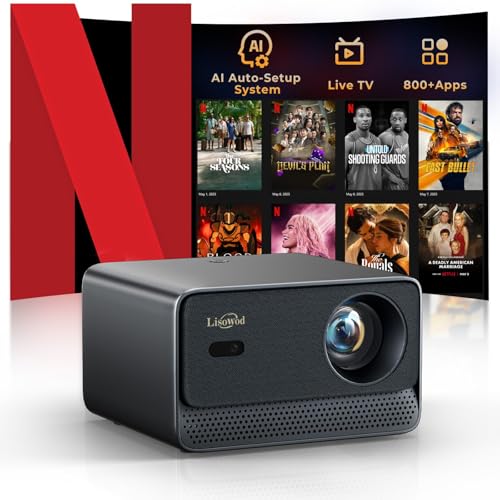 Projector with WiFi and Bluetooth: [1400 ANSI /Ai Auto Focus/ 800+ Real Apps /Auto 4P Keystone /for Netflix] Outdoor-Projector, 1080P Smart-Portable-Mini-Movie-Projector, Lisowod L03Pro with Live TV