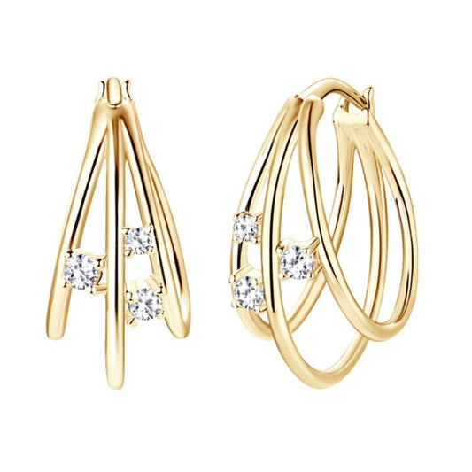 14K Solid Gold over S925 Silver 0.08 Carat Diamond Earrings, Versatile Triple-Layered Earrings Hoops with VVS1 Clarity,Stylish Gift (Yellow Gold)