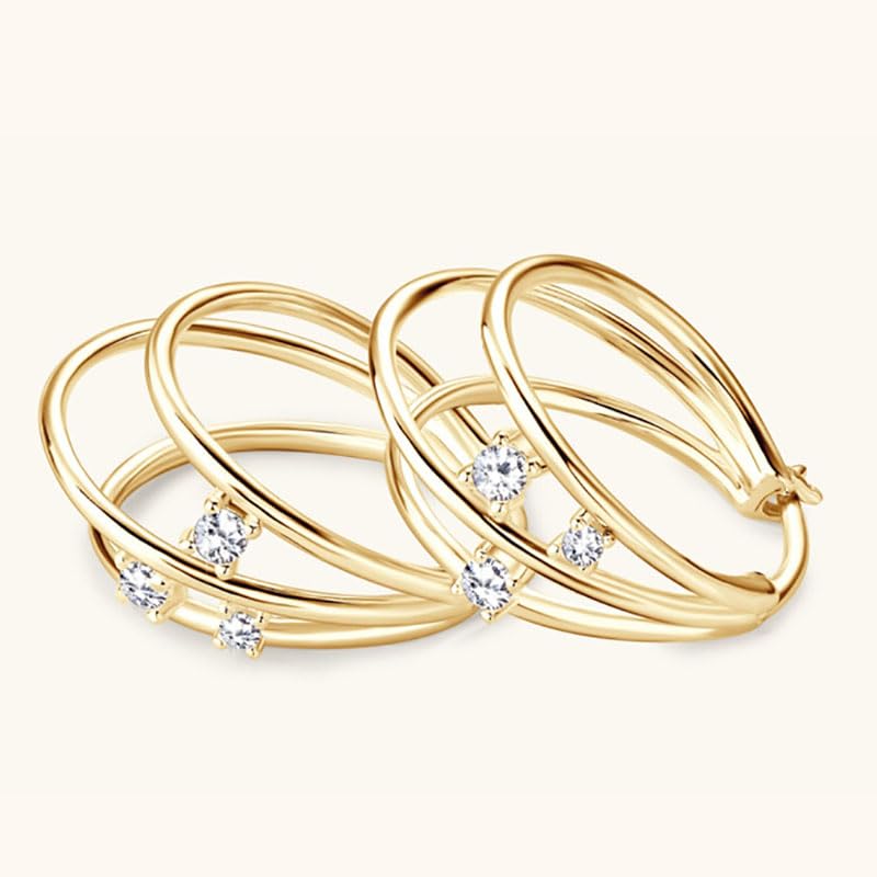 14K Solid Gold over S925 Silver 0.08 Carat Diamond Earrings, Versatile Triple-Layered Earrings Hoops with VVS1 Clarity,Stylish Gift (Yellow Gold)