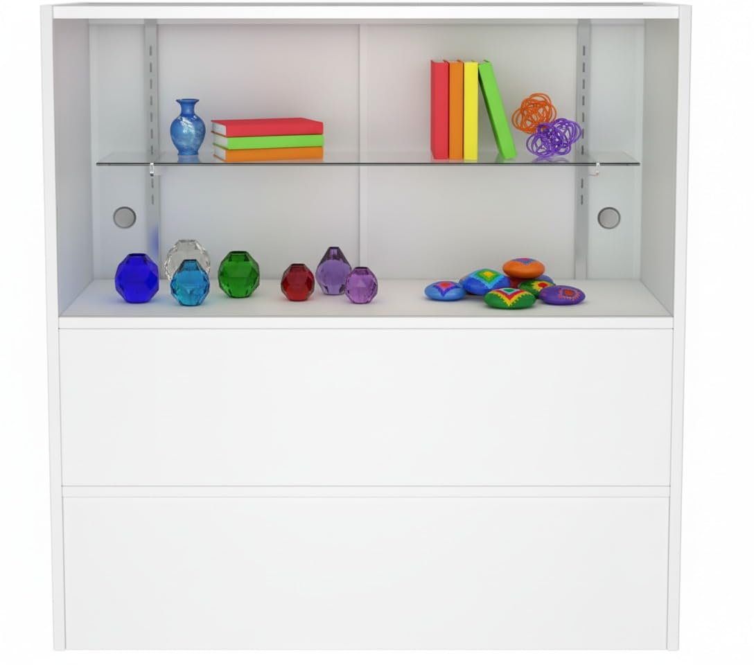 WISDOMFUR 3-Foot Retail Display Showcase Cabinet – 36"x18"x38" Half Vision Glass Top Case with Storage Base, White – Jewelry, Collectibles, Electronics, Boutique Counter Display