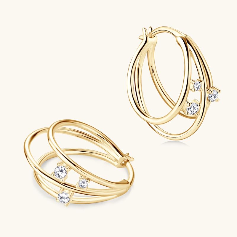 14K Solid Gold over S925 Silver 0.08 Carat Diamond Earrings, Versatile Triple-Layered Earrings Hoops with VVS1 Clarity,Stylish Gift (Yellow Gold)