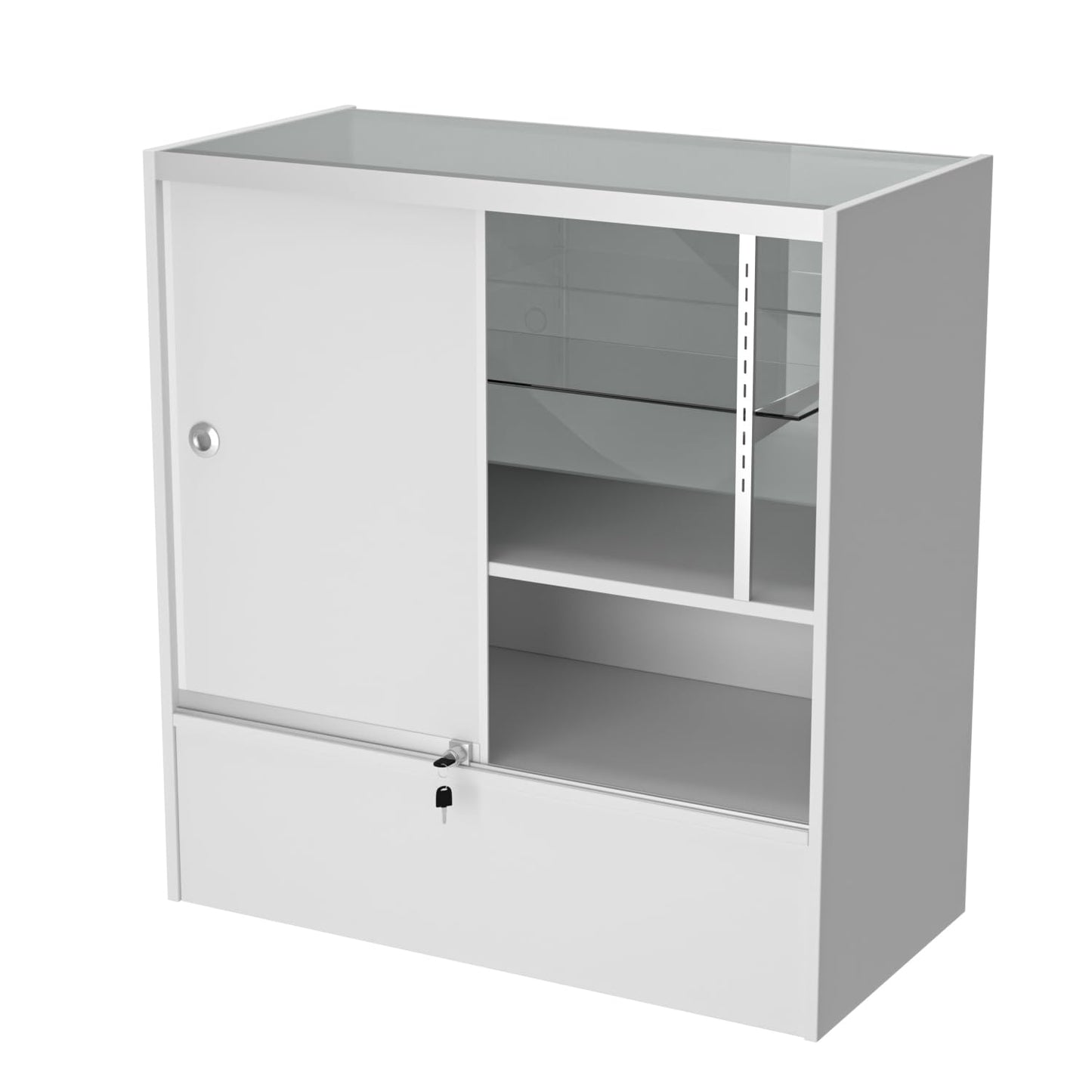 WISDOMFUR 3-Foot Retail Display Showcase Cabinet – 36"x18"x38" Half Vision Glass Top Case with Storage Base, White – Jewelry, Collectibles, Electronics, Boutique Counter Display