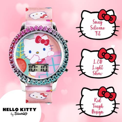 Accutime Sanrio Hello Kitty Girls' Digital LCD Quartz Watch with Pink Strap and Colorful Bezel - Fun LED Light Show - Easy to Read Time for Kids - Fits Wrist 5.5"-8"