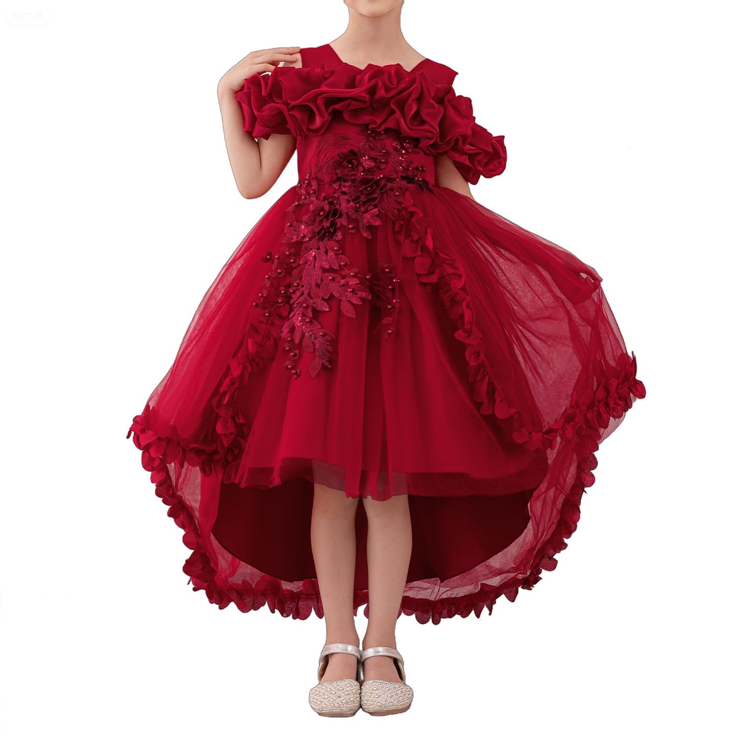 Zvzio Girl's Princess Dress, Birthday Party, Pageant Gown - Ruffle Tulle Satin Princess Dresses with Kids Train Red