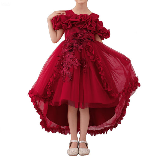 Zvzio Girl's Princess Dress, Birthday Party, Pageant Gown - Ruffle Tulle Satin Princess Dresses with Kids Train Red