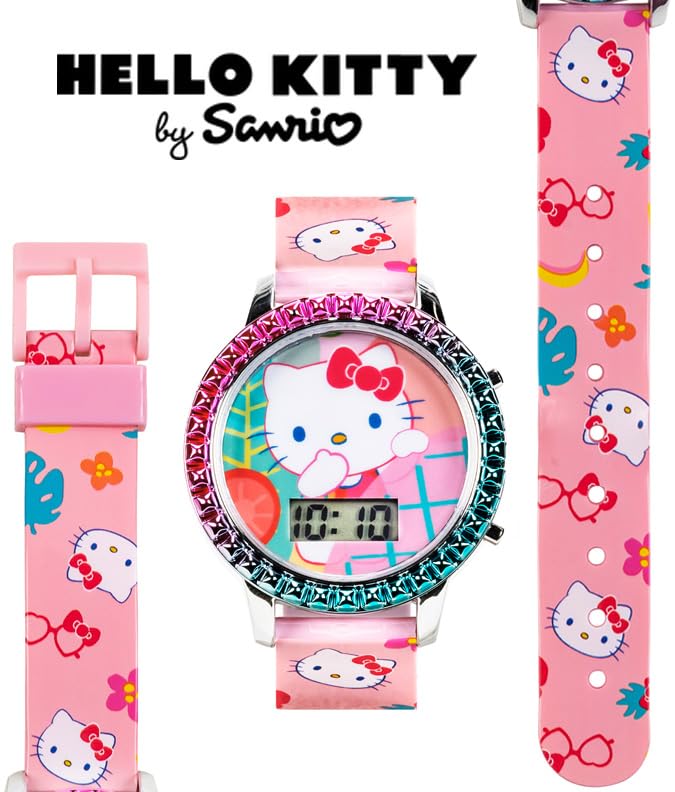 Accutime Sanrio Hello Kitty Girls' Digital LCD Quartz Watch with Pink Strap and Colorful Bezel - Fun LED Light Show - Easy to Read Time for Kids - Fits Wrist 5.5"-8"