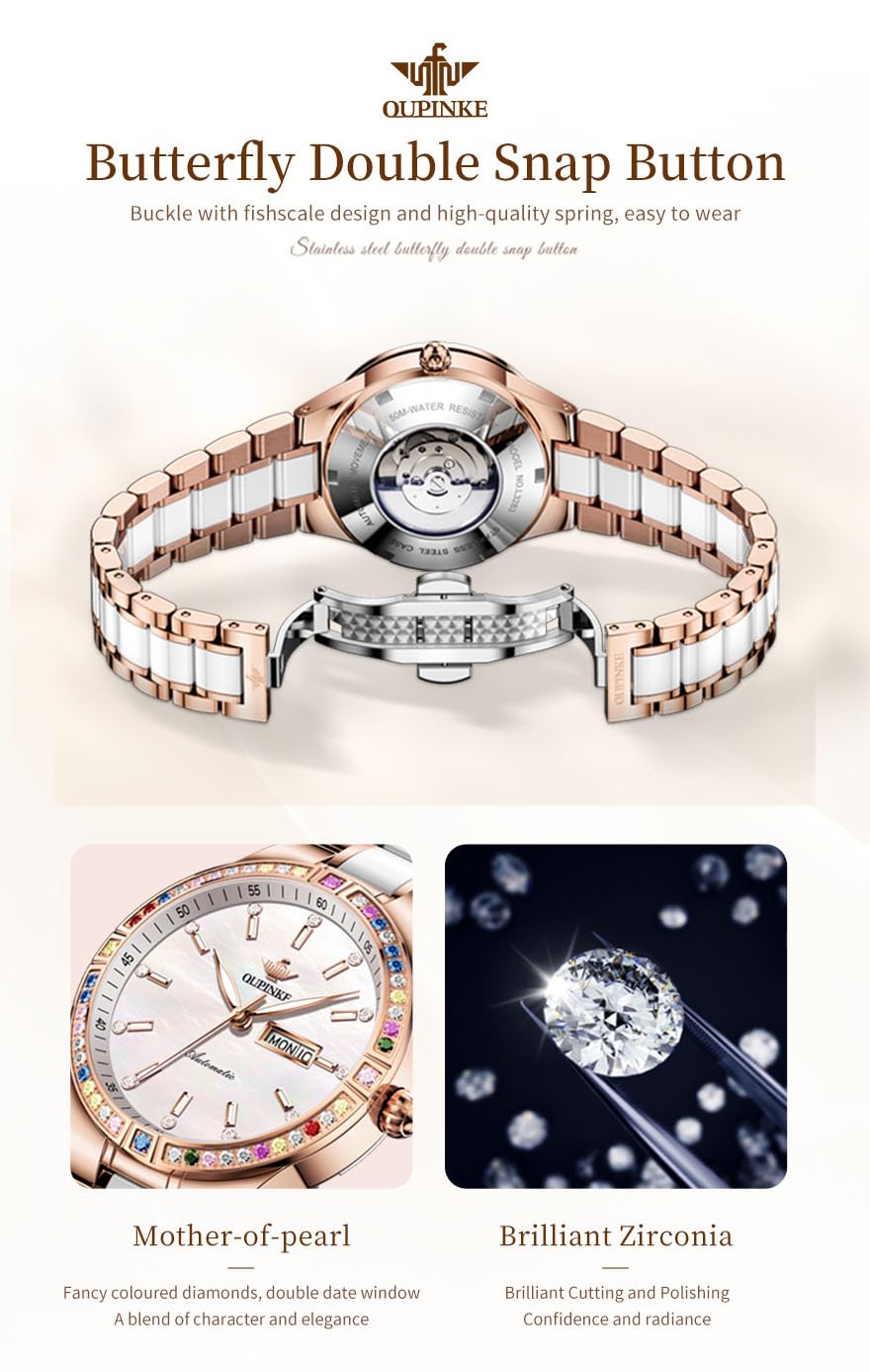 OUPINKE Women Automatic Watches Colorful Diamond Ladies Elegant Luxury Dress Mechanical Sapphire Crystal Rose Gold Ceramic Wristwatch