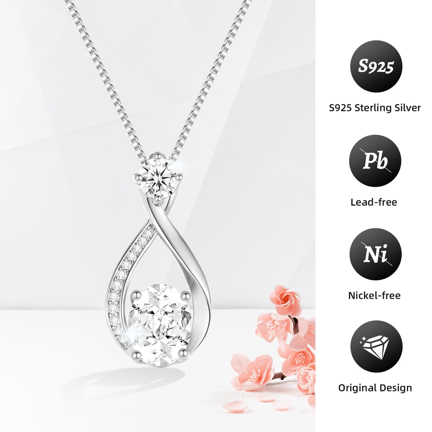 geweio 1.5CT Moissanite Infinity Pendant Necklace Anniversary Wedding Gifts for Women Wife Her S925 Sterling Silver 18K White Gold/Gold Filled Jewelry for Birthday Mothers Christmas Valentines Day