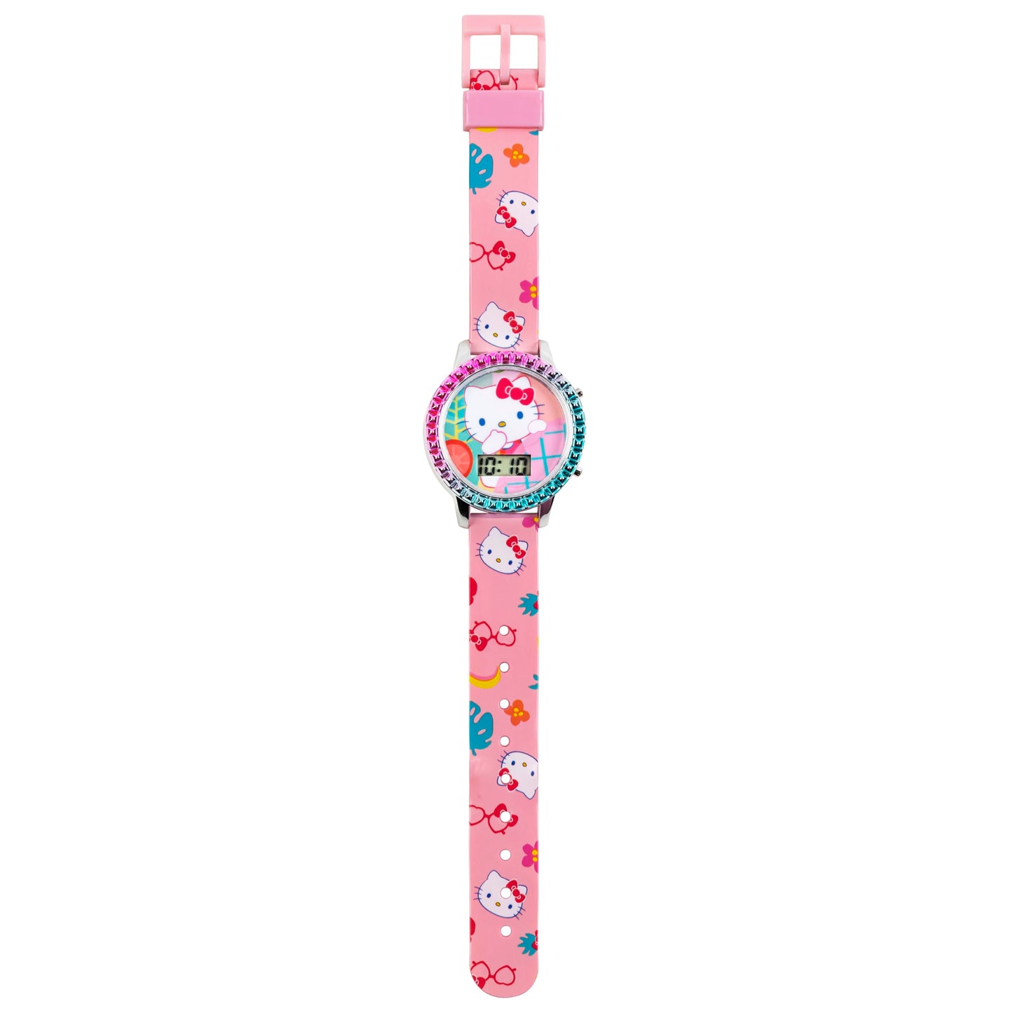 Accutime Sanrio Hello Kitty Girls' Digital LCD Quartz Watch with Pink Strap and Colorful Bezel - Fun LED Light Show - Easy to Read Time for Kids - Fits Wrist 5.5"-8"