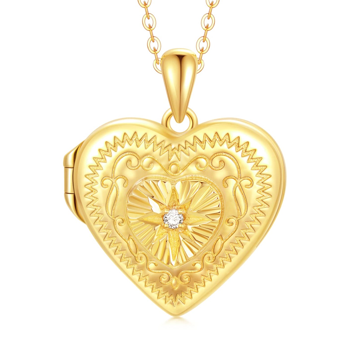 SOULMEET 18K Gold Plated Silver Starburst Diamond Cut Heart Shaped Locket Necklace That Holds 2 Picture, 18" (Locket only)