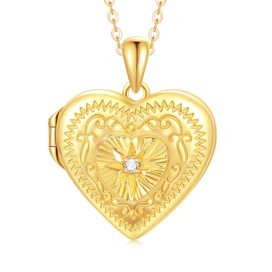 SOULMEET 18K Gold Plated Silver Starburst Diamond Cut Heart Shaped Locket Necklace That Holds 2 Picture, 18" (Locket only)