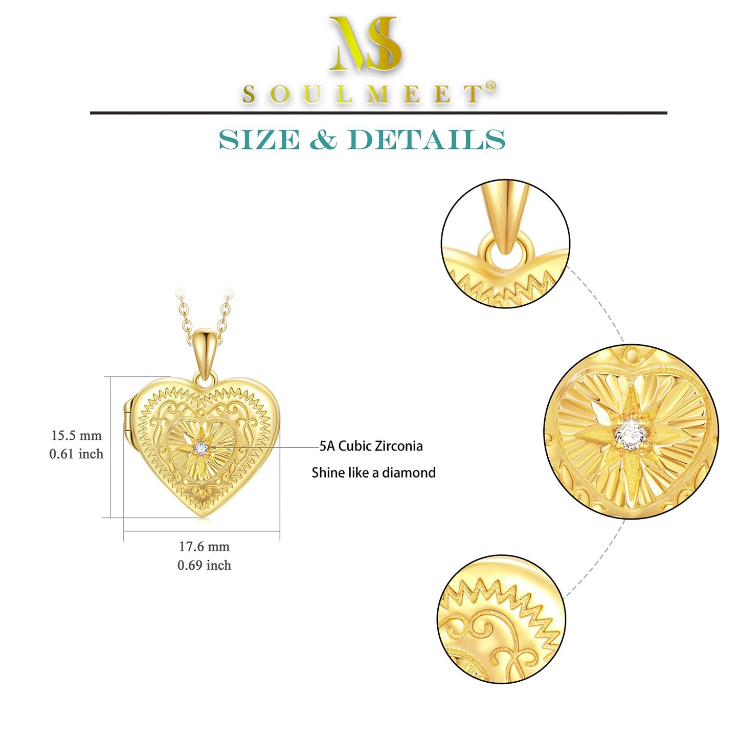 SOULMEET 18K Gold Plated Silver Starburst Diamond Cut Heart Shaped Locket Necklace That Holds 2 Picture, 18" (Locket only)