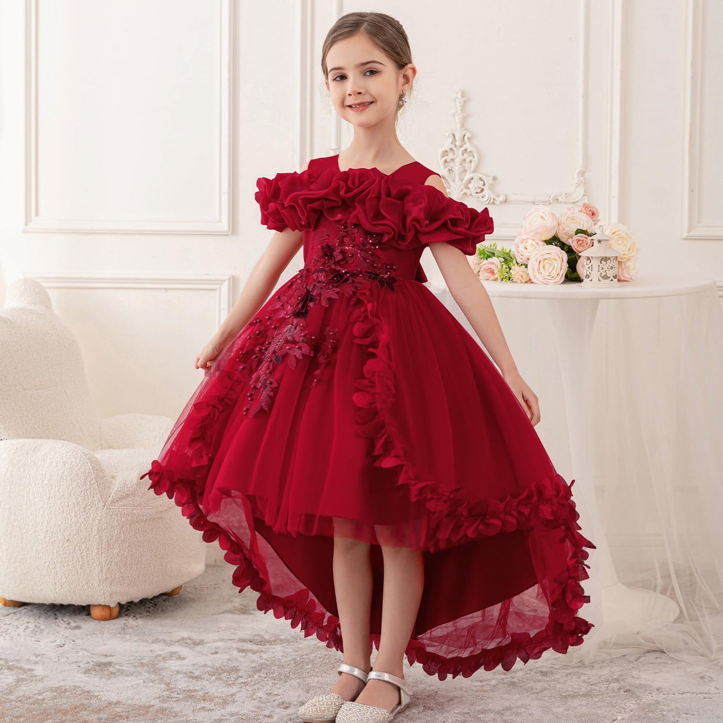Zvzio Girl's Princess Dress, Birthday Party, Pageant Gown - Ruffle Tulle Satin Princess Dresses with Kids Train Red