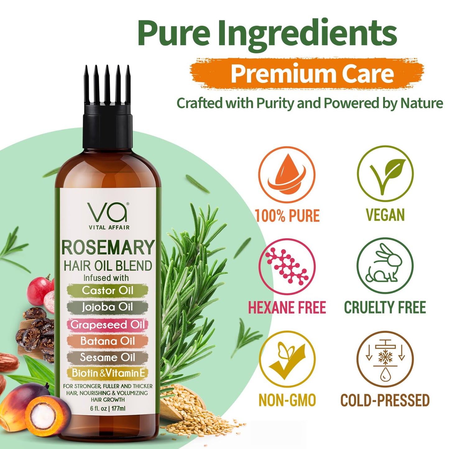 VITAL AFFAIR Blend Of Pure Rosemary Oil For Hair Growth With Castor, Batana, Jojoba Oil-Infused With Biotin & Vitamin E-Blend of Effective Hair Oils for Hair Growth-Strengthening Treatment 6 Fl Oz