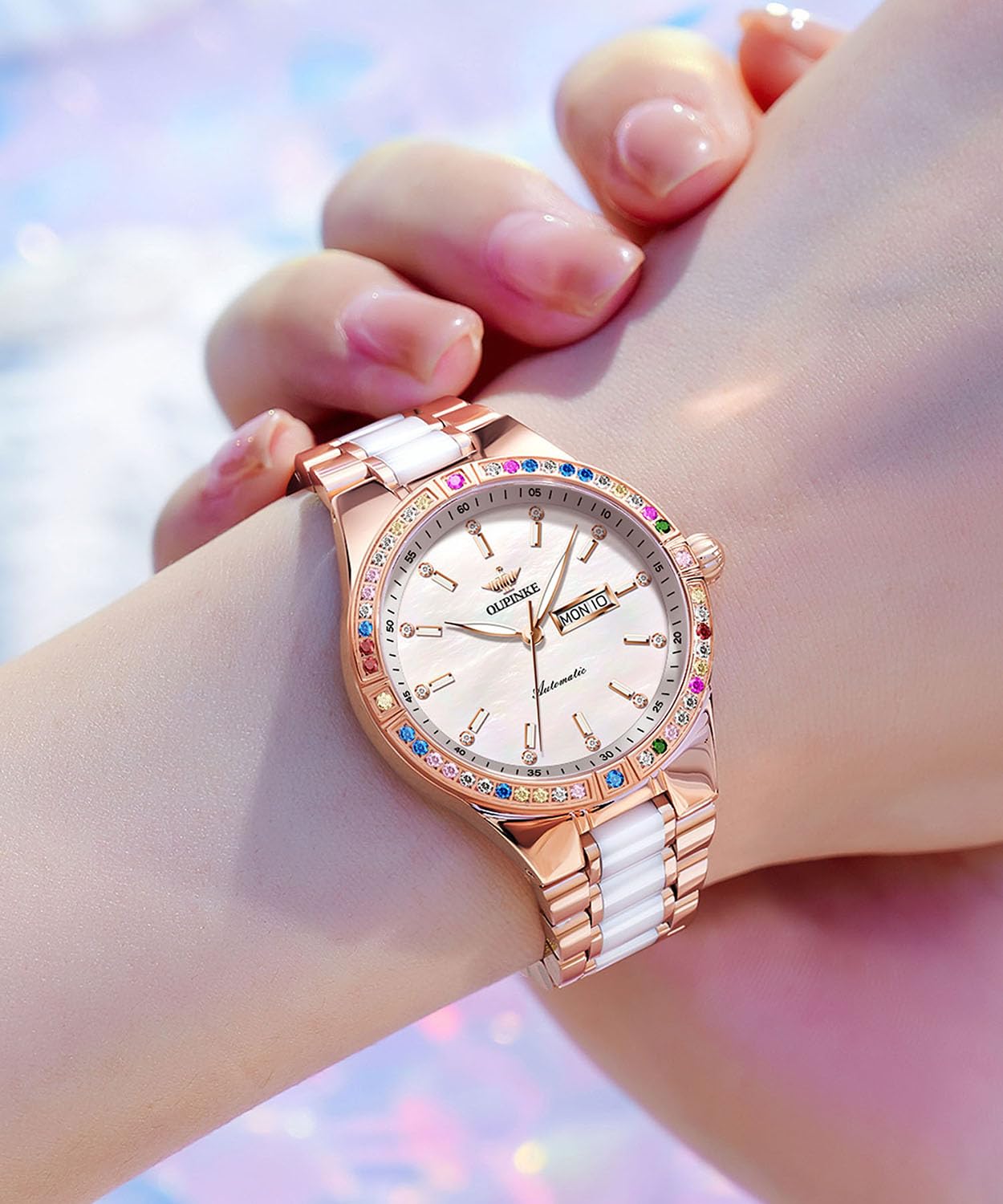 OUPINKE Women Automatic Watches Colorful Diamond Ladies Elegant Luxury Dress Mechanical Sapphire Crystal Rose Gold Ceramic Wristwatch