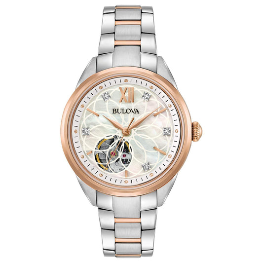 Bulova Ladies' Sutton Two-Tone Rose Gold 3-Hand Automatic, Open Aperture and White Mother-of-Pearl Dial with Diamonds Style: 98P170