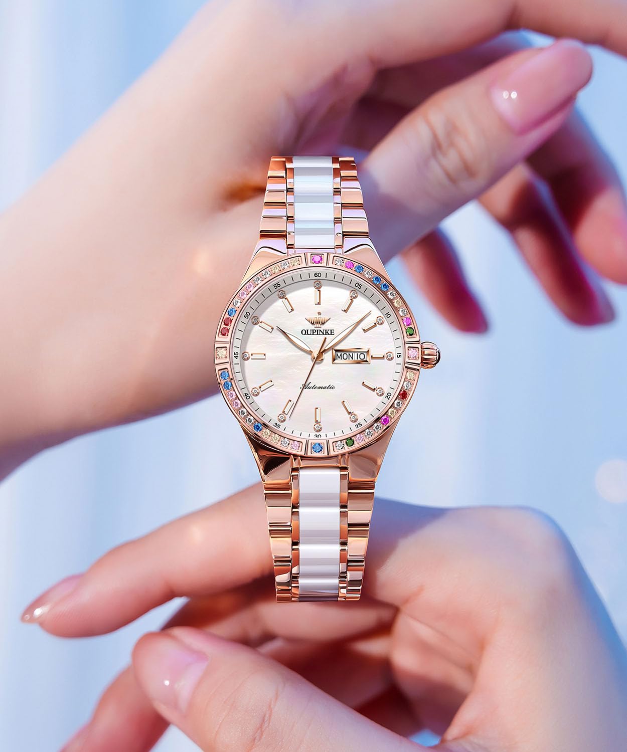OUPINKE Women Automatic Watches Colorful Diamond Ladies Elegant Luxury Dress Mechanical Sapphire Crystal Rose Gold Ceramic Wristwatch
