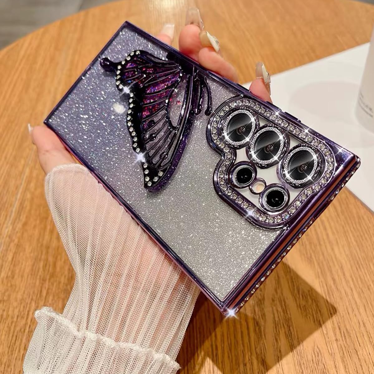 Changjia for Samsung Galaxy S25 Glitter 3D Butterfly Case,Cute Luxury Bling Sparkly Diamond Rhinestone Liquid Flowing Case with Camera Lens Protector TPU Bumper Women Girls Cover for Galaxy S25,Purple