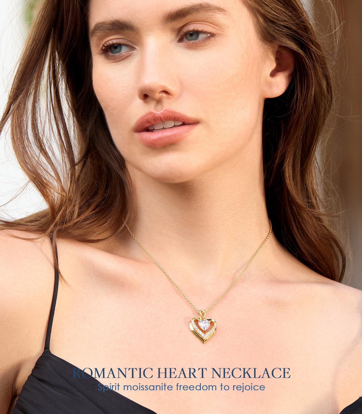 Beam & Bask 2 Ct Moissanite Double Heart Pendant Necklace for Wife, 18K Gold Plated S925 Silver Jewelry for Women Girlfriend Mom Her on Anniversary Birthday