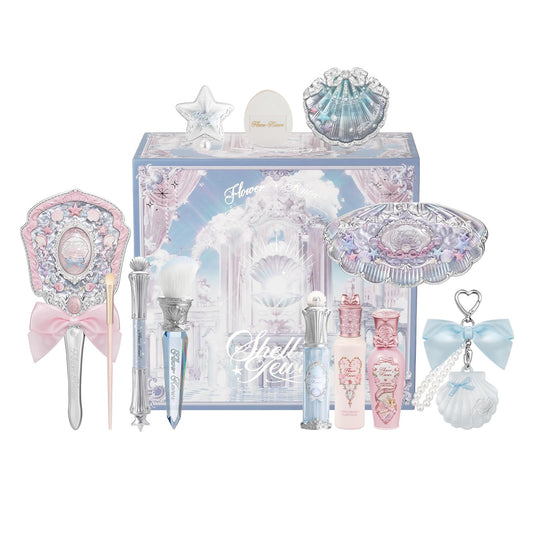 Flower Knows Shell’s Jewel 13-Piece Makeup Gift Box Set,Lip Gloss×2+Blush×1+ Eyeshadow Palette×1+Highlighter×3+Hand Mirror×1+Hair Clip×1+Mini Powder Puff×1+Blush Brush×1+Eyeshadow Brush×1+Gift Box×1