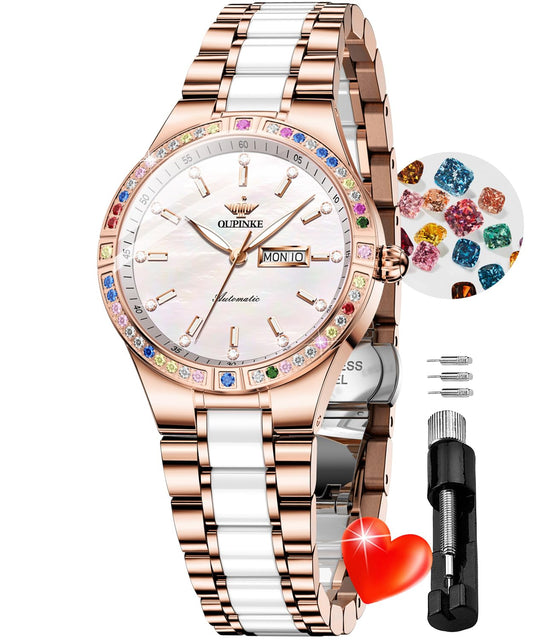 OUPINKE Women Automatic Watches Colorful Diamond Ladies Elegant Luxury Dress Mechanical Sapphire Crystal Rose Gold Ceramic Wristwatch