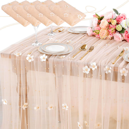 LuoluoHouse Wedding Pearl Tablecloth Tulle Fabric: 3 Pieces Champagne Flower Table Runner Lace Fabric for Outdoor Holiday Birthday Party Table Decor 60x120 Inch