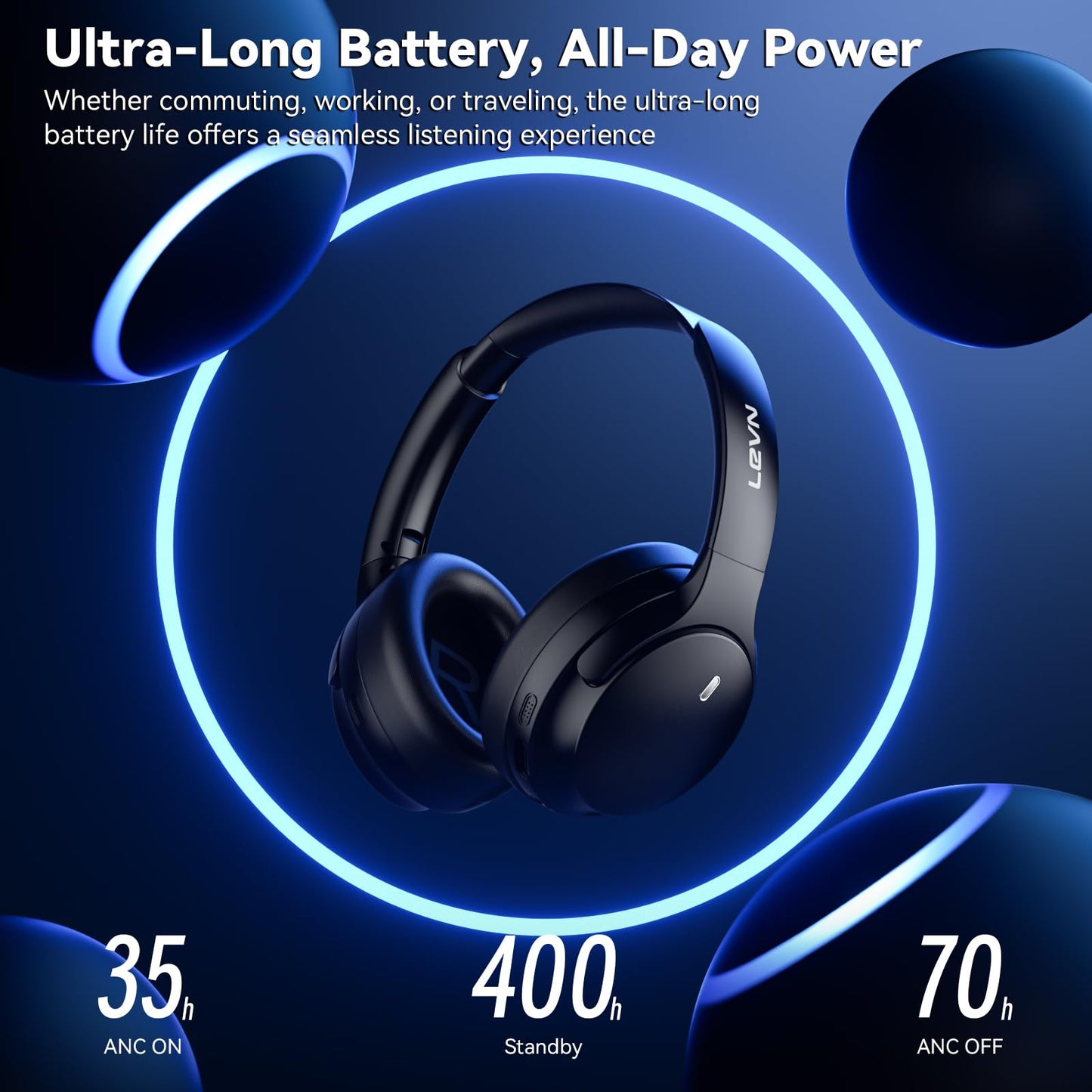 LEVN Hybrid Active Noise Cancelling Headphones, Wireless Headphones Bluetooth 5.4 with Transparent Mode, Hi-Res Audio, Deep Bass, 70H Playtime Over Ear Bluetooth Headset for Work/Travel/Home/Office
