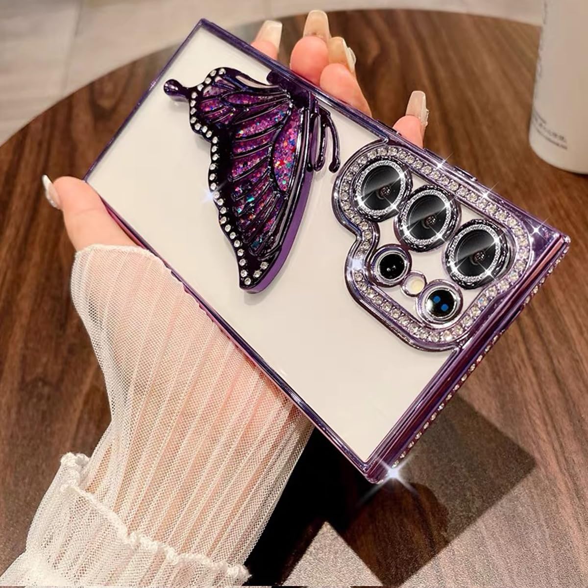 Changjia for Samsung Galaxy S25 Glitter 3D Butterfly Case,Cute Luxury Bling Sparkly Diamond Rhinestone Liquid Flowing Case with Camera Lens Protector TPU Bumper Women Girls Cover for Galaxy S25,Purple