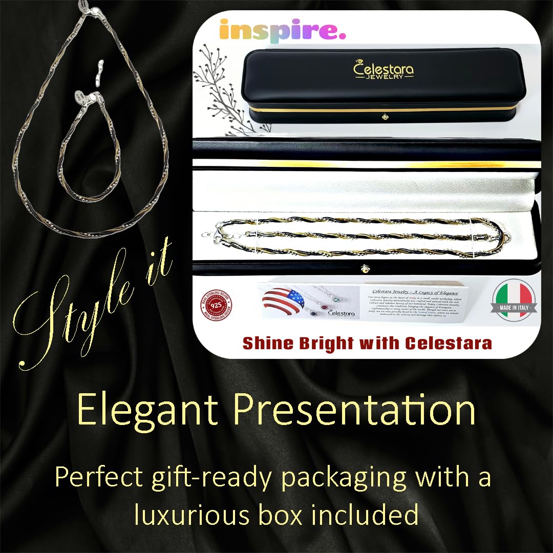 Celestara Jewelry, 925 Sterling Silver Chain, Italian-Made Jewelry Set with Gold Tone Accent (Luxurious Leather Gift Box Included) (Necklace & Bracelet Set, 8-inch Bracelet)