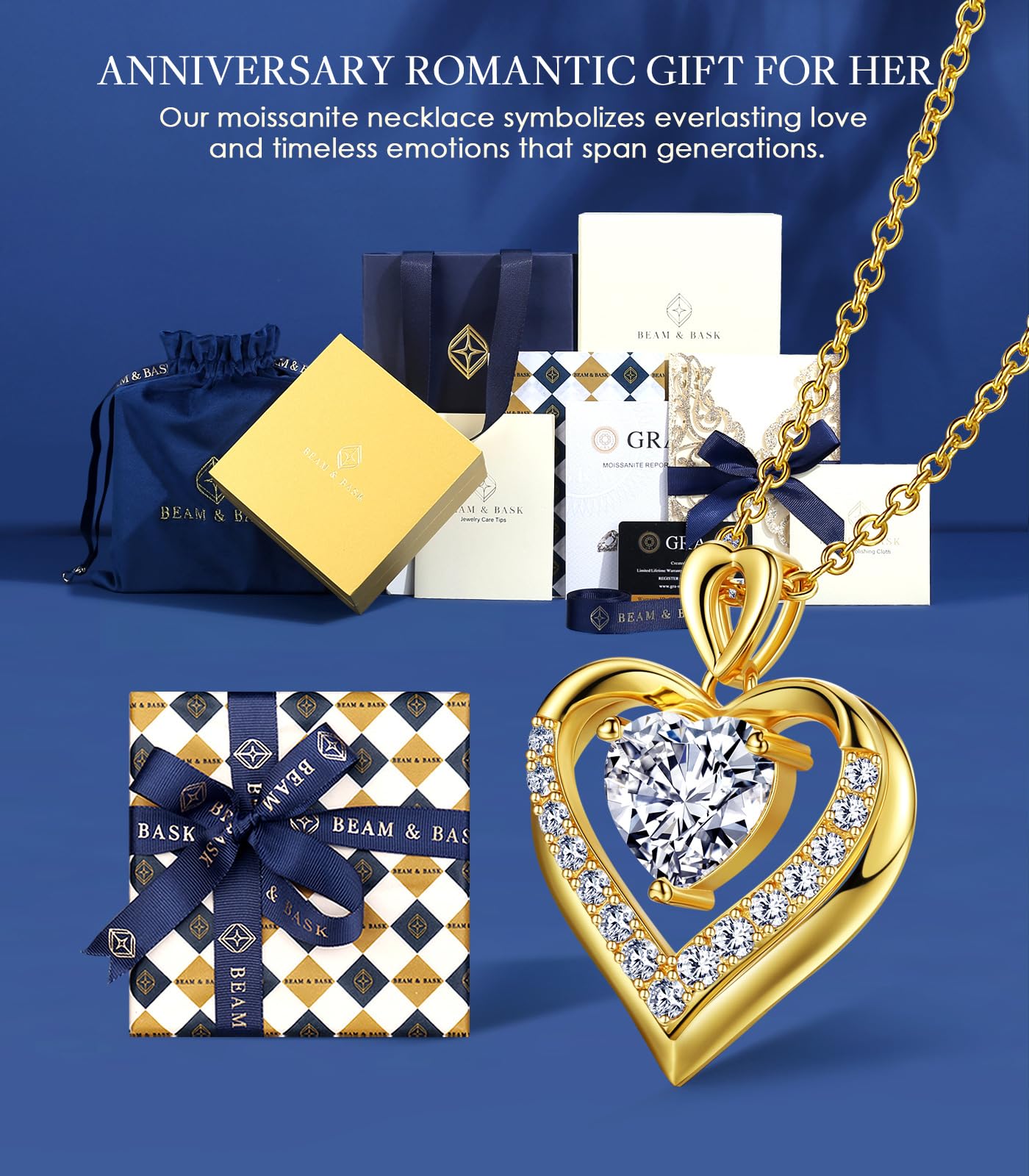 Beam & Bask 2 Ct Moissanite Double Heart Pendant Necklace for Wife, 18K Gold Plated S925 Silver Jewelry for Women Girlfriend Mom Her on Anniversary Birthday