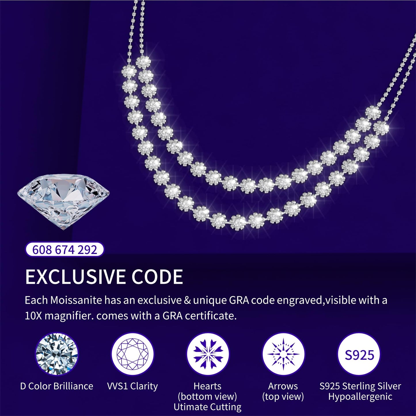 WHANHE Moissanite necklace for women, anniversary or wedding necklace for your wife, elegant gift for your loved one, birthday or Christmas jewelry (silver)