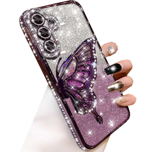 Changjia for Samsung Galaxy S25 Glitter 3D Butterfly Case,Cute Luxury Bling Sparkly Diamond Rhinestone Liquid Flowing Case with Camera Lens Protector TPU Bumper Women Girls Cover for Galaxy S25,Purple