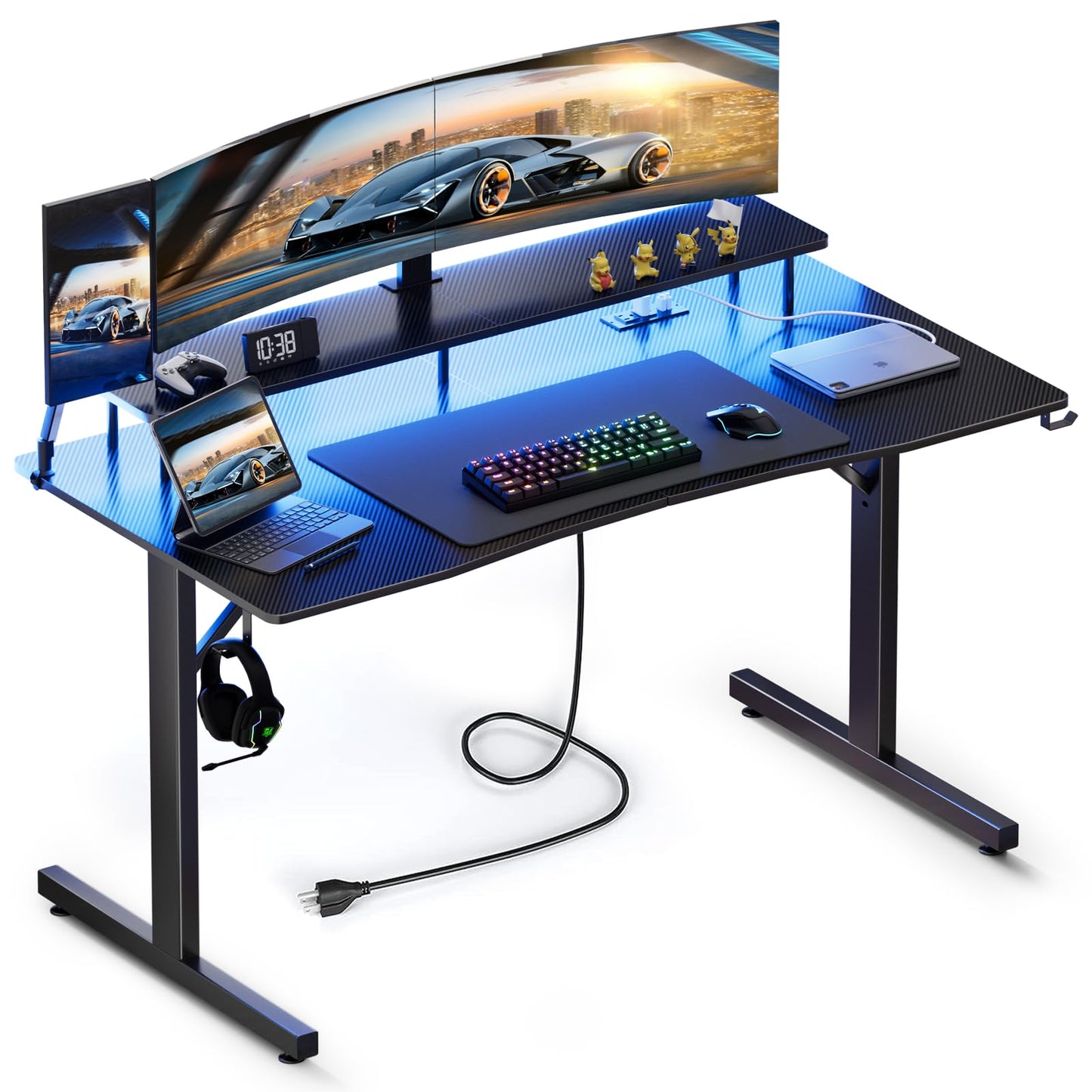 COMHOMA 55 Inch Gaming Desk with USB Charging Ports and LED Lights, Computer Desk with Monitor Stand for Home Office, Modern Gamer Desk Table with Mouse Pad & Side Hook, RGB