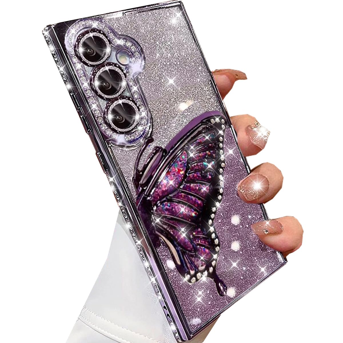 Changjia for Samsung Galaxy S25 Glitter 3D Butterfly Case,Cute Luxury Bling Sparkly Diamond Rhinestone Liquid Flowing Case with Camera Lens Protector TPU Bumper Women Girls Cover for Galaxy S25,Purple
