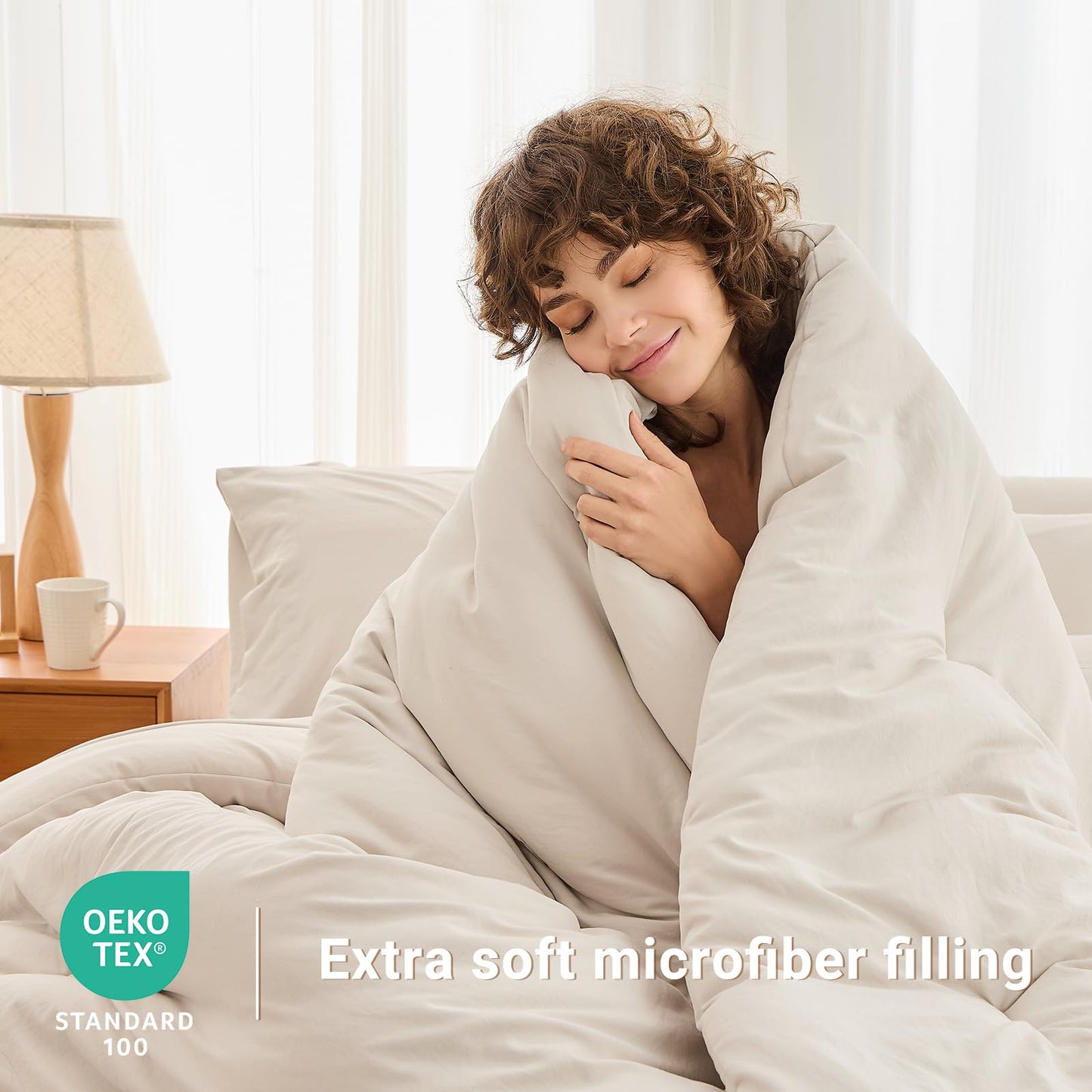 MUXHOMO 7 Pieces Queen Comforter Set, Soft Bed in a Bag Queen Size, All Season Bedding Set with Comforter, Flat Sheet, Fitted Sheet, Pillowcases & Shams, Beige