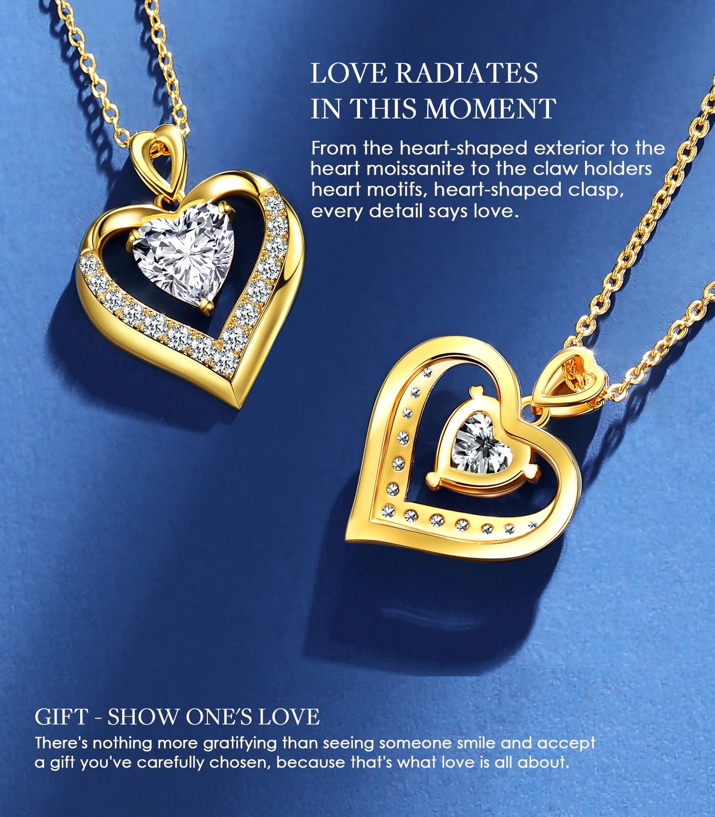 Beam & Bask 2 Ct Moissanite Double Heart Pendant Necklace for Wife, 18K Gold Plated S925 Silver Jewelry for Women Girlfriend Mom Her on Anniversary Birthday