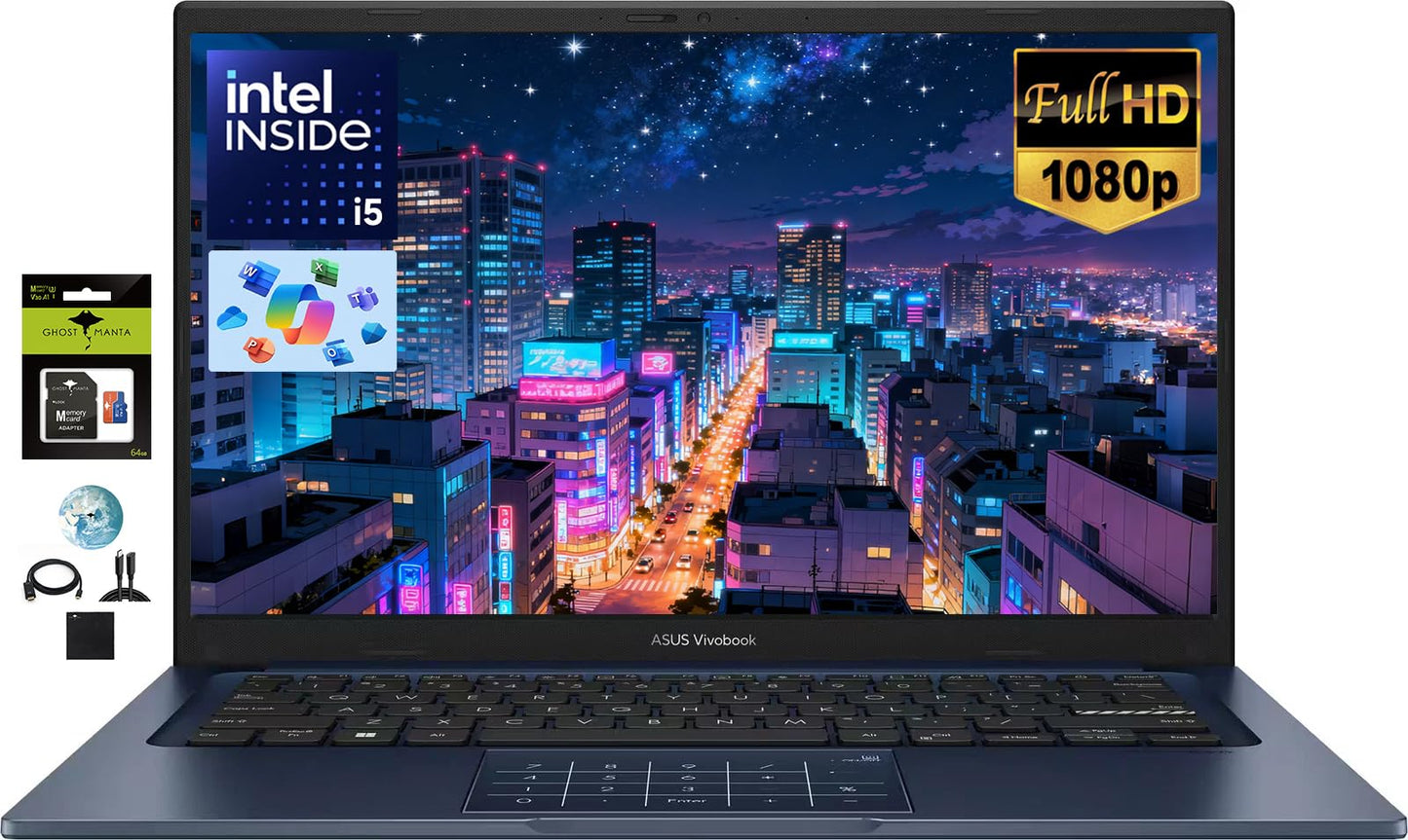 ASUS Vivobook 14" FHD Laptop for Student Business Home School, Intel 10-Core i5-1334U, 24GB RAM 1TB SSD, Numeric Keypad, Private Webcam, Windows 11