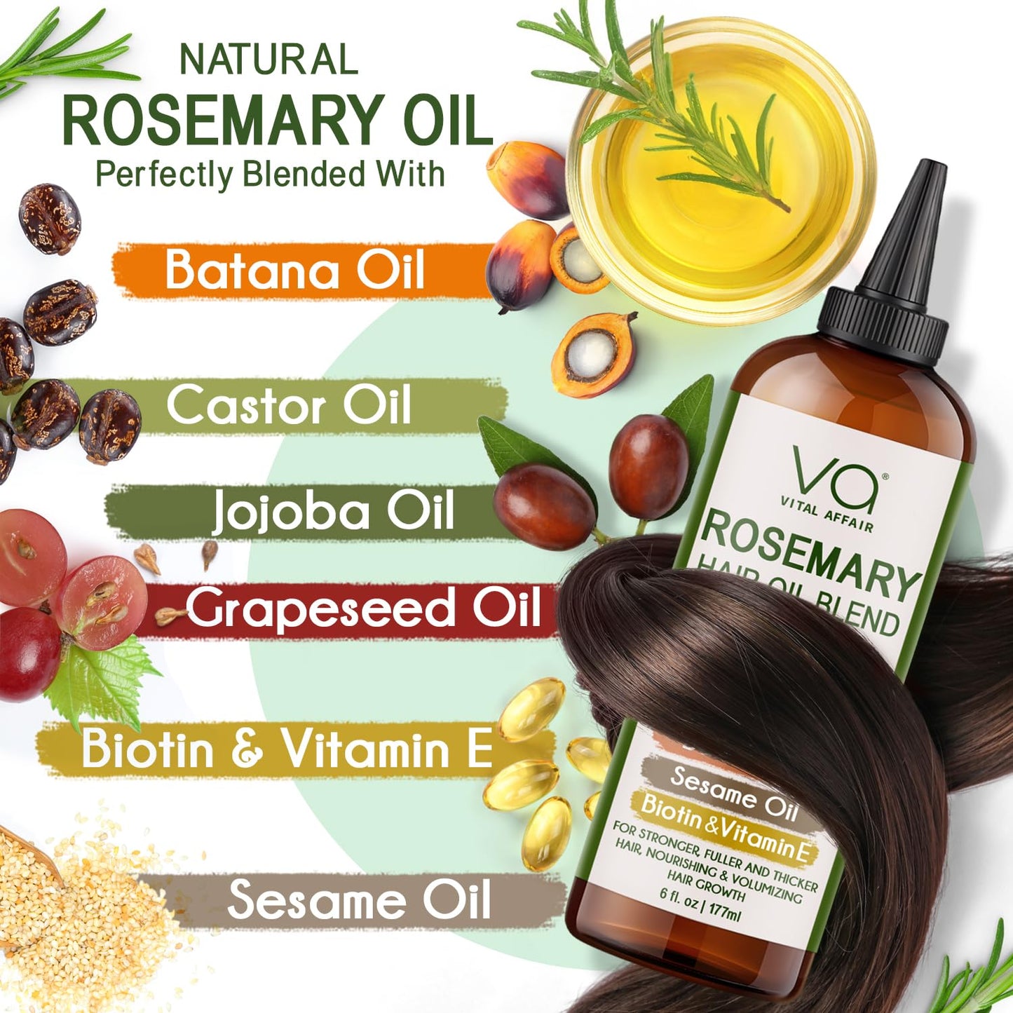VITAL AFFAIR Blend Of Pure Rosemary Oil For Hair Growth With Castor, Batana, Jojoba Oil-Infused With Biotin & Vitamin E-Blend of Effective Hair Oils for Hair Growth-Strengthening Treatment 6 Fl Oz