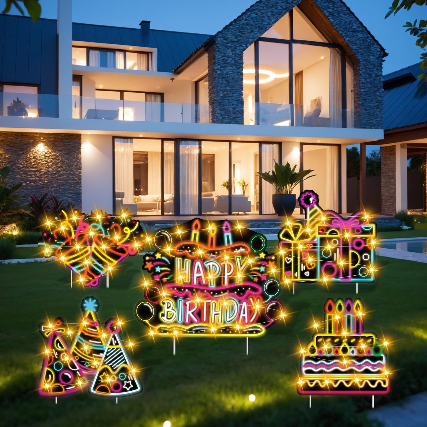Happy Birthday Yard Signs with Stakes - LED Outdoor Lawn Signs Neon Waterproof Sign with Lights - Gift Box Lighted Yard Signs for Garden Outdoor Party Supplies