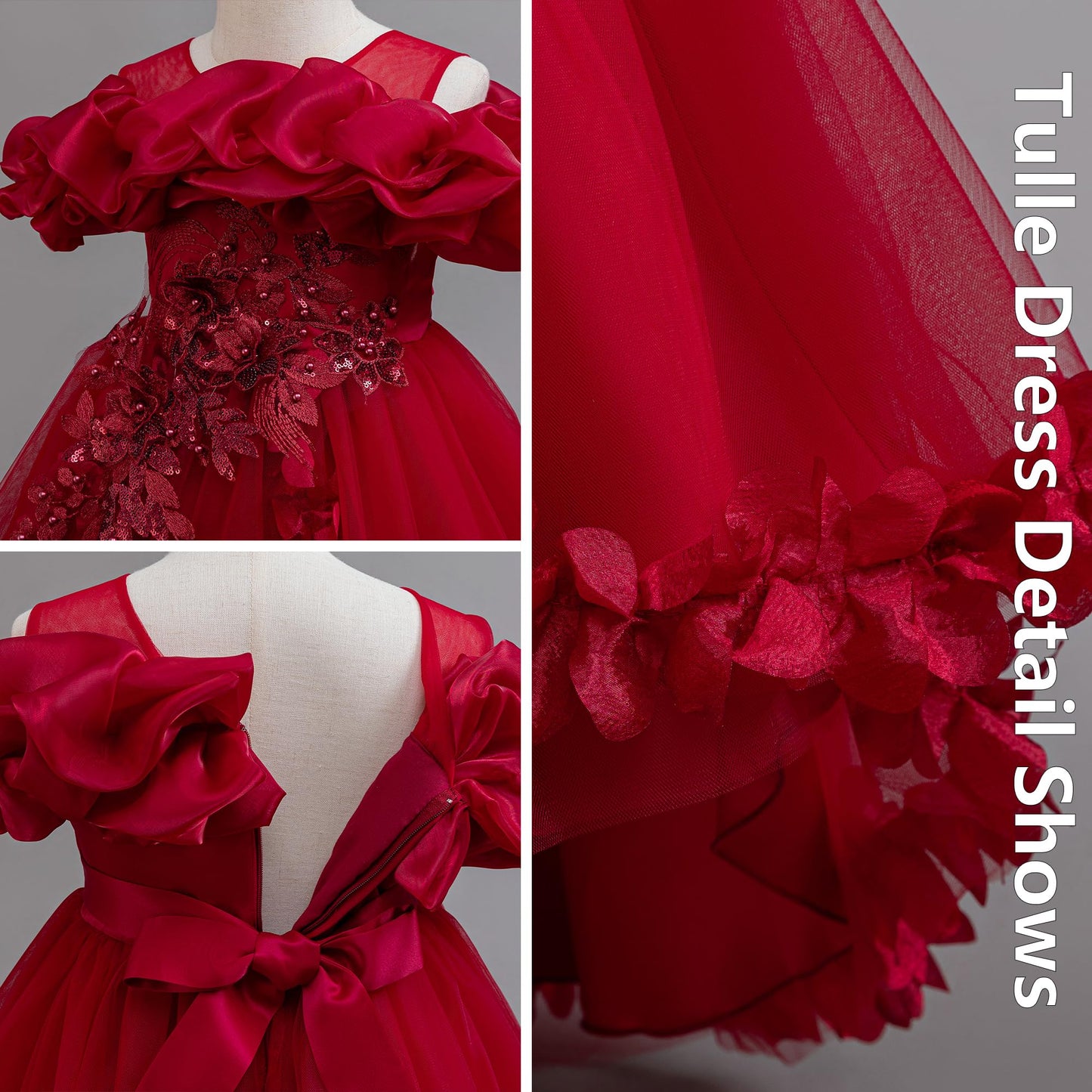 Zvzio Girl's Princess Dress, Birthday Party, Pageant Gown - Ruffle Tulle Satin Princess Dresses with Kids Train Red